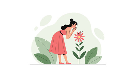 Woman Enjoying The Fragrance Of A Flower On A Sunny Day In A Garden
