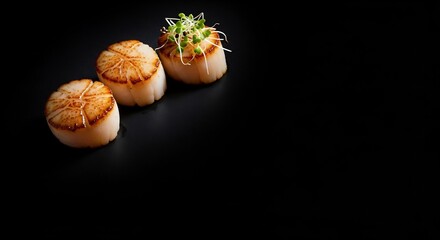 Three delicious pan-seared scallops garnished with fresh microgreens. An elegant and minimalist fine dining appetizer served on a black plate with extensive copy space.