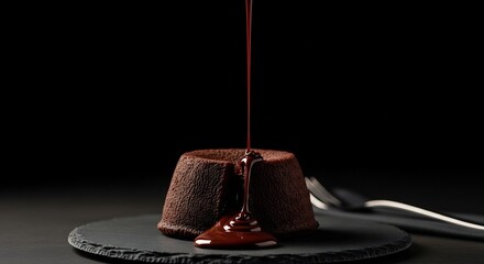 Warm chocolate lava cake on a slate platter with melted chocolate sauce pouring over it. Indulgent gourmet dessert concept on a black background with copy space for text.