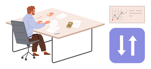 Worker analyzing papers at a desk, surrounded by charts and data. Ideal for productivity, analytics, corporate strategy, work-life, research, finance economic growth. Simple flat metaphor
