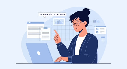 Woman Entering Vaccination Data Working On Laptop In Office Environment