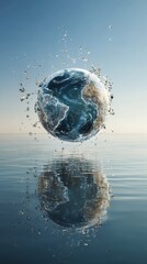 A vibrant globe emerges from water, creating ripples and splashes, symbolizing earth's beauty and fluidity.