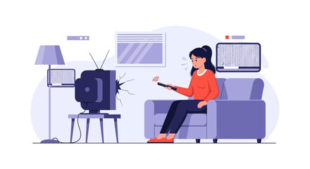 Woman frustrated with malfunctioning television set, surrounded by broken screens and static, seeking technical assistance
