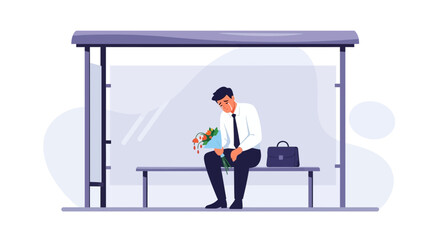 Upset Businessman Lost Love Sitting Alone at Bus Station Holding Flowers