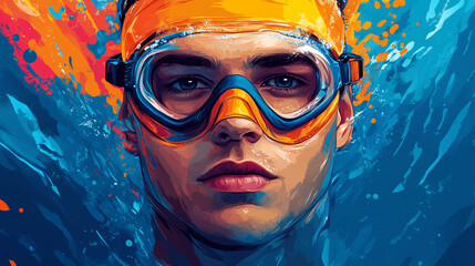 Naklejka premium Diver with goggles underwater, vibrant abstract background