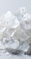 Obraz premium A pile of translucent ice chunks rests on a bed of white powder against a light gray background. The ice is irregularly shaped and reflects light