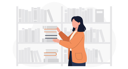 Woman Holding Stack Of Books In Library With A Bookshelf Background