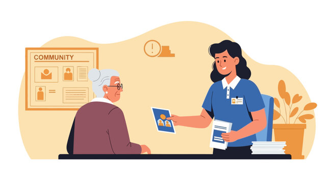 Volunteer Offers Social Program Information To An Elderly Person Illustration
