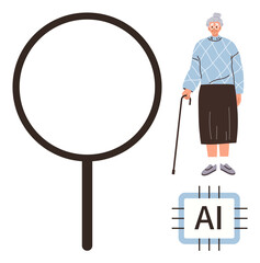 Elderly woman standing with a cane beside AI microchip and magnifying glass. Ideal for aging population support, AI innovation, digital health, accessibility, care technology, research, simple flat