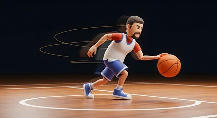 Fototapeta premium Dynamic 3D Render of a Cartoon Man Dribbling a Basketball on a Wooden Court