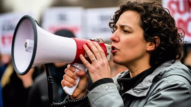 Woman shouting with megaphone at protest rally for climate change action