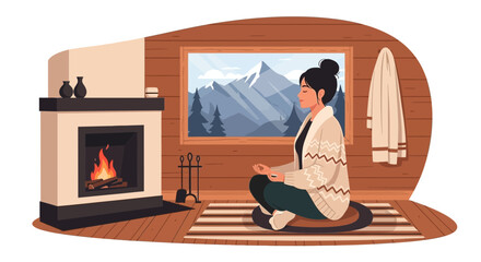 Woman Meditating Comfortably Near Fireplace With Mountain View In Cozy Cabin