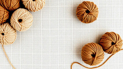 Neutral Wool Yarn Flat Lay with Empty Mockup Space – Top View of Soft Brown Knitting Materials on Linen Textile Background with Realistic Texture and Lighting