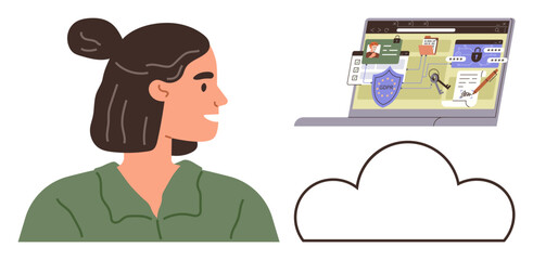 Female user observing laptop displaying cybersecurity features such as shield, locks, and alerts, beside a cloud. Ideal for data protection, online safety, technology, privacy, IT solutions cloud