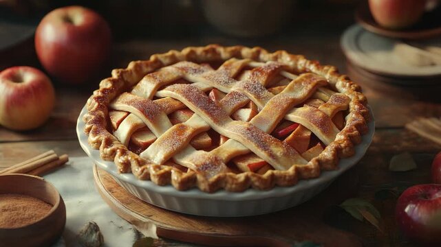 Freshly baked apple pie with lattice crust surrounded by apples on rustic wooden table
