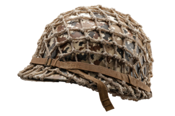 Profile view of a military helmet with camouflage netting.  Beige-tan camouflage netting covers the entire helmet.  Light brown straps secure the netting