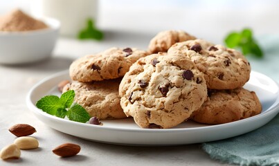 freshly baked protein cookies, showcasing their textured surface with a golden-brown hue and visible chocolate chips.