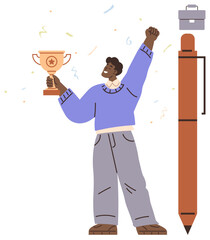 Excited individual holding a trophy with raised fist, alongside an oversized pen and a floating briefcase. Ideal for achievement, motivation, leadership, career growth, education, teamwork, simple