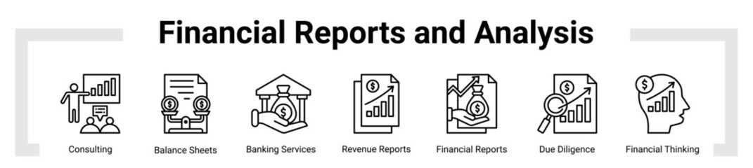 Financial Reports And Analysis icon sheet banner collection