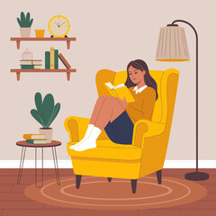 This image captures a young girl deeply engrossed in a book while seated in a stylish yellow armchair, surrounded by books and decorative plants, emphasizing comfort and joy.