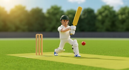 3D Cartoon Cricket Player Batting on Green Field with Stumps and Ball