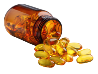 Amber glass bottle spilling golden-yellow capsules