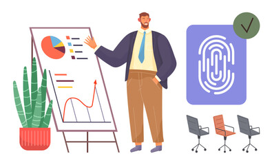 Professional presenting data charts on board with fingerprint security icon, office chairs, and plant nearby. Ideal for analytics, business, security, strategy, presentations, management corporate