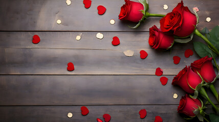 Valentine’s Day Red Roses on Rustic Wood with Hearts – Romantic Love Background for Cards, Invites, and Social Media