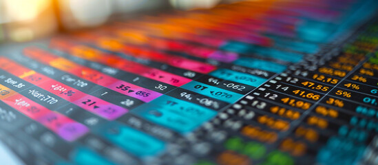Stock market data displayed on screen, fluctuating prices, office background, investment analysis