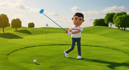 3D animated golfer taking a swing on a sunny green golf course with a ball and flag. Sport and leisure concept.