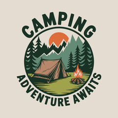 A captivating illustration showcasing a camping scene reflects the beauty of nature, highlighting outdoor adventures with a tent, campfire, and stunning mountains.