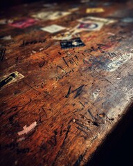 Naklejka premium Graffiti-Marked Wooden Surface with Affixed Stickers