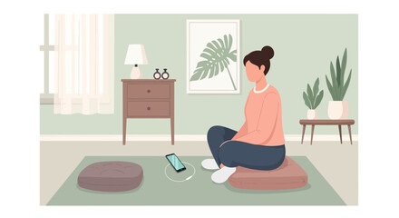 Woman Practices Mindfulness At Home In A Cozy And Peaceful Interior Design