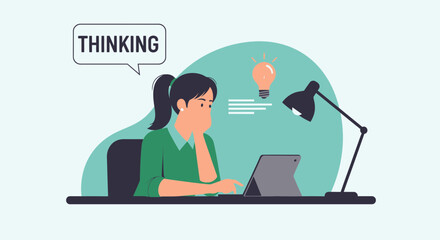 Woman Thinking At Her Desk Generating Bright Ideas For Her Business