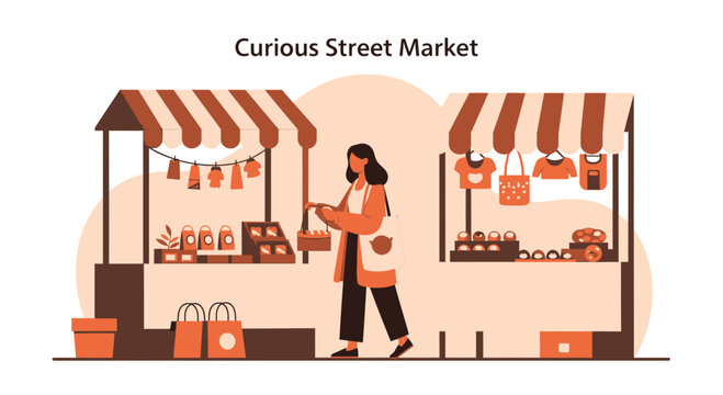 Woman Visits A Local Artisan Street Market With Stalls And Handmade Goods