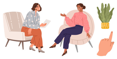 Two women seated in modern armchairs engaging in discussion. Includes a potted plant and gesturing hand. Ideal for communication, consulting, listening, dialogue, therapy, teamwork connection. A