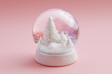 A clear glass snow globe, showcasing miniature white snow-covered evergreen trees on a snowy base, rests on a pale pink background