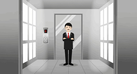 Fototapeta premium Worried businessman standing in an elevator with a sad expression, conveying business challenges and professional stress