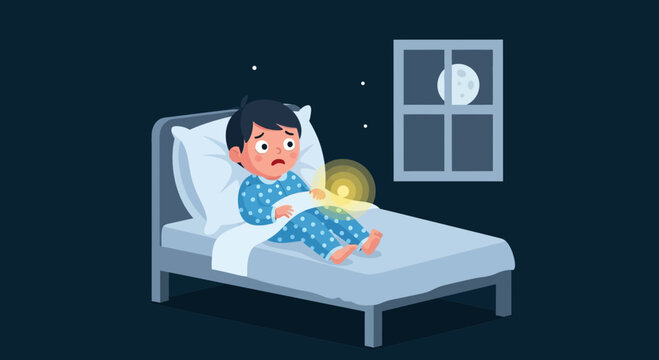 Worried Child Awake At Night Experiencing Bedwetting In Dark Bedroom