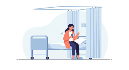 Worried patient sitting on hospital bed feeling lonely and seeking communication support