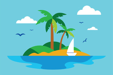 Obraz premium tropical island with sailboat and birds flying (1).eps