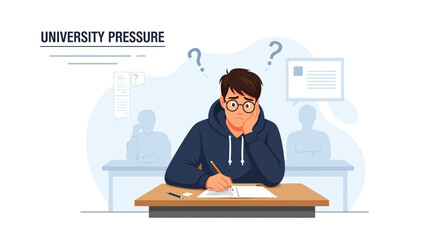 Worried Student Exam Under Pressure In Classroom With Question Marks