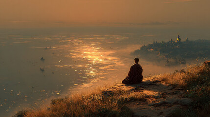 Serene Monk Meditating by the Water at Sunset with Golden Reflections on the Surface