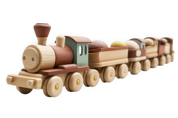 Detailed wooden toy train engine and carriages, vintage style kids plaything, nostalgic design, educational, isolated on transparent background