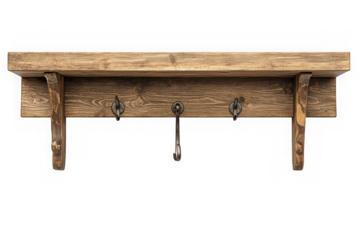 Rustic wooden shelf with hooks wall mounted coat rack entryway organizer storage decor home furniture isolated on transparent background