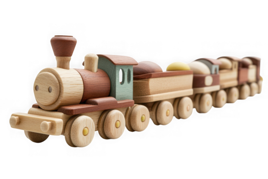 Detailed wooden toy train engine and carriages, vintage style kids plaything, nostalgic design, educational, isolated on transparent background