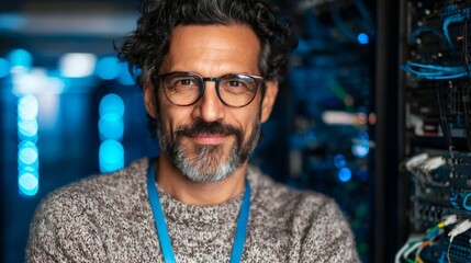 A technical specialist in glasses stands confidently before a server rack, representing expertise in technology.
