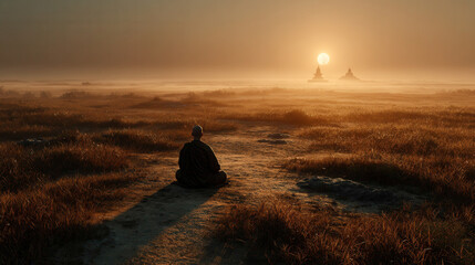 Obraz premium Tranquil Monk Meditating at Sunrise in Serene Landscape with Mist and Golden Sun
