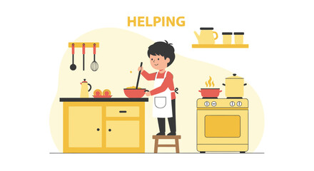 Young Boy Helping With Cooking Preparing Food In The Kitchen Illustration