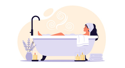 Woman Relaxing In Bathtub With Candles And Steam Enjoying Wellness At Home